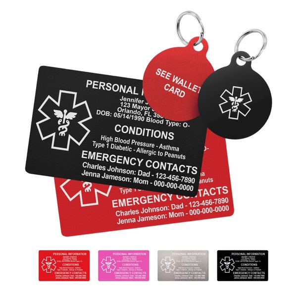 Medical card & keychain ID for wallet, aluminum custom engraved emergency contact, personalized metal medical alert for medic conditions