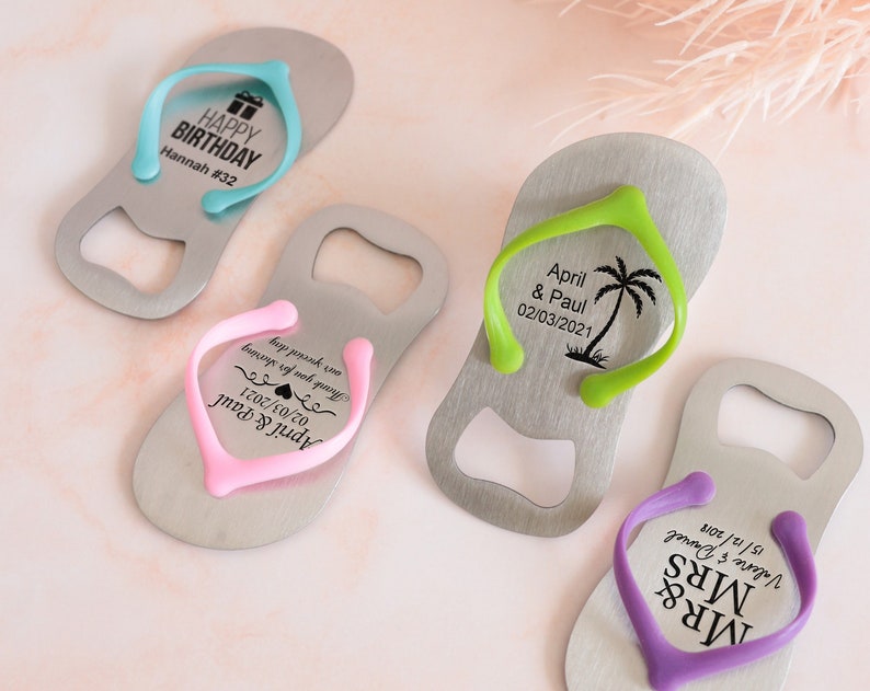 Custom flip flop bottle opener set, personalized party favors, beach personalised bottle opener wedding favor, pool summer birthday gifts