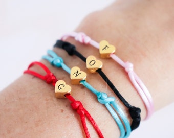 Custom tiny heart charm initial bracelet, personalized his & her bracelet, cotton cord bracelet, soul sister bracelet, string heart bracelet
