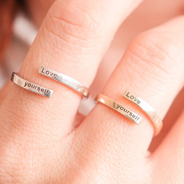 Love yourself motivational wrap ring, adjustable inspiration carpe diem ring, delicate daily mantra jewelry, thin silver ring, dainty ring