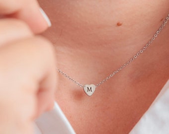 Custom initial heart charm necklace, personalized tiny heart charm necklace, small engraved heart love silver necklace for women