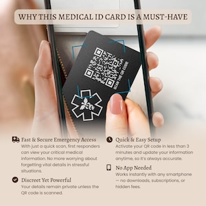 May include: A black medical ID card with a white star of life symbol and a QR code. The card is being held by a hand. The text "SCAN THE QR CODE" is printed on the card. The text "WHY THIS MEDICAL ID CARD IS A MUST-HAVE" is printed at the top of the image. The image also includes text describing the features of the card, such as "Fast & Secure Emergency Access", "Quick & Easy Setup", "Discreet Yet Powerful", and "No App Needed".