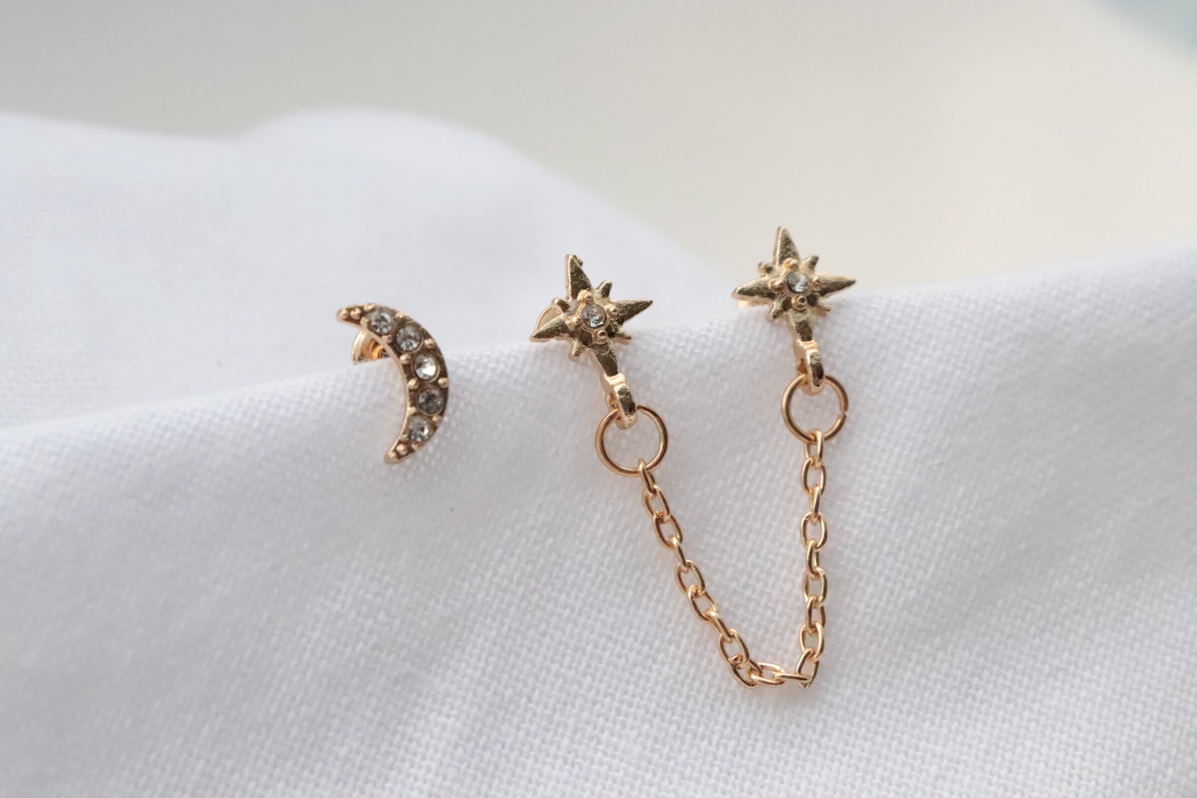 Stars and moon earrings double piercing earring asymmetrical | Etsy