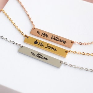 Custom bar necklace for teachers, personalized teachers appreciation pendant jewelry gift, nameplate horizontal apple school teacher present image 1