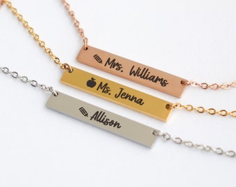 Custom bar necklace for teachers, personalized teachers appreciation pendant jewelry gift, nameplate horizontal apple school teacher present