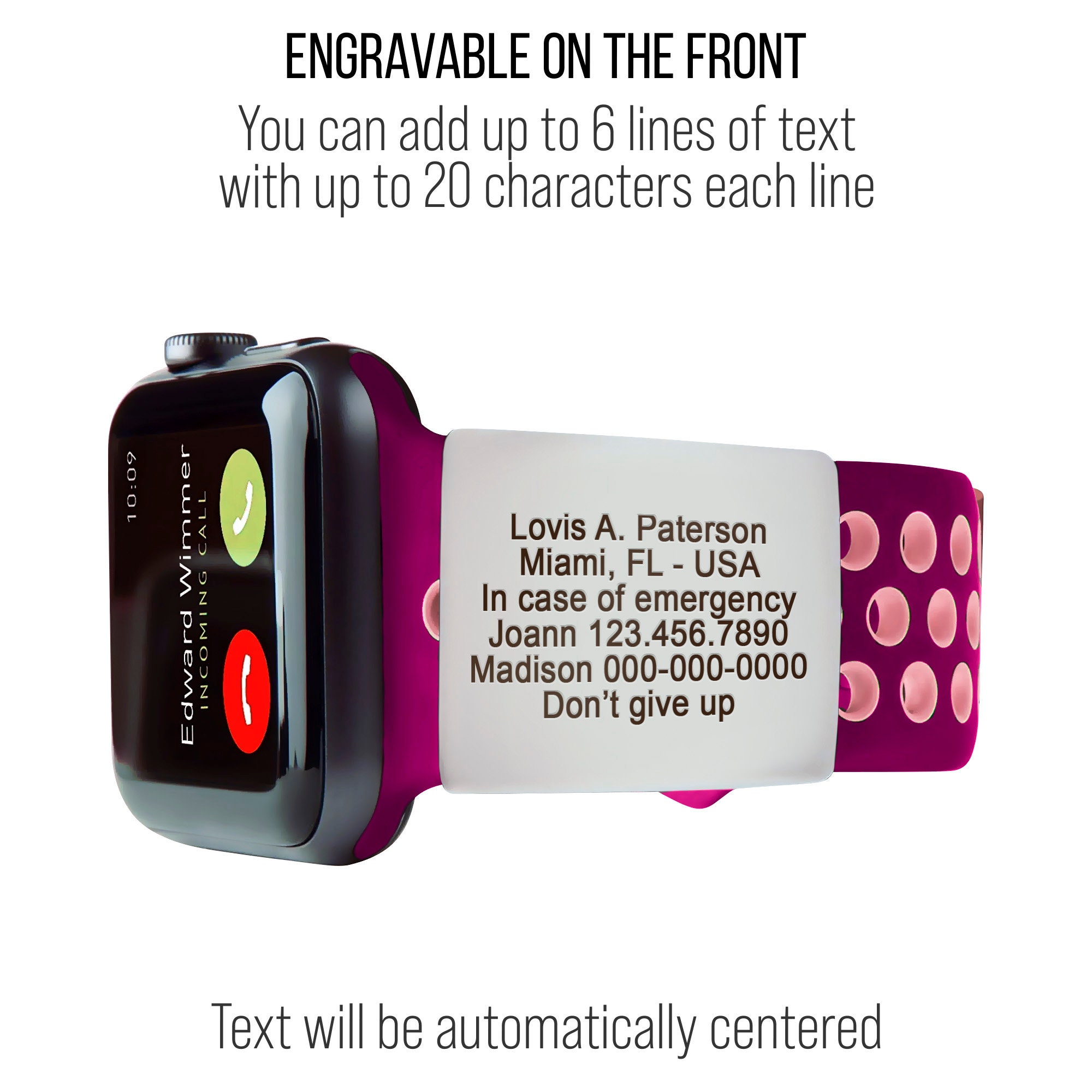 Alert ID Tag for Watch Band Engraved Apple Watch Safety Plate