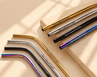 Custom Engraved Metal Straw Set, Personalized for Party Favors, Wedding Guest Gift, Stainless Steel Reusable Drinking Eco Friendly Straws