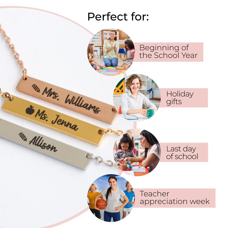 Custom bar necklace for teachers, personalized teachers appreciation pendant jewelry gift, nameplate horizontal apple school teacher present image 6