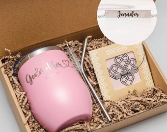 Custom godmother proposal box, personalized gift box set with wine tumbler & engraved necklace, baptism madrina engraved present