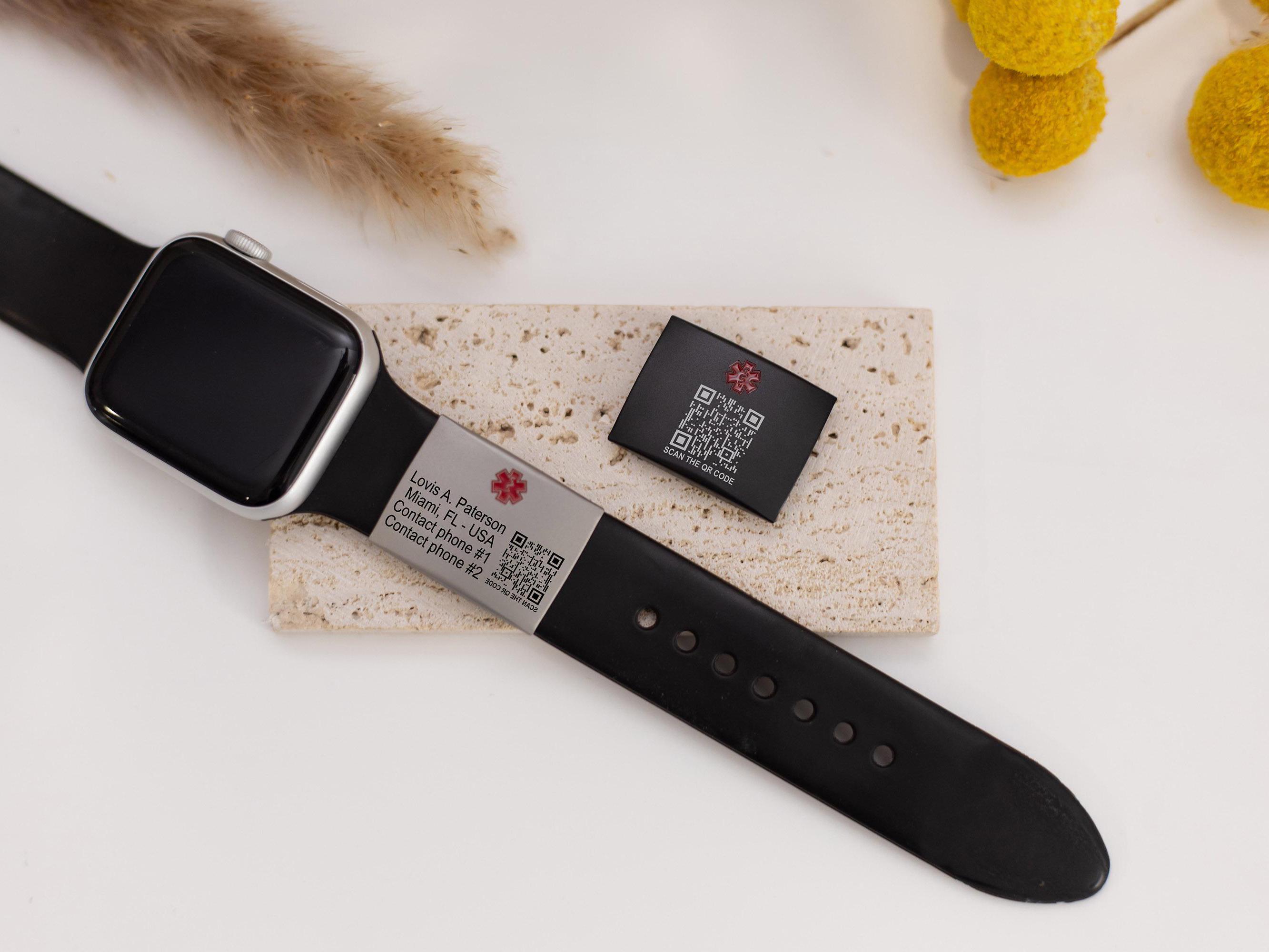 Alert Smart QR Code ID Tag For Watch Band, Engraved Apple Watch Safety Medical Discreet Plate, Fitness Runners ID For Sport Wrist Smartwatch