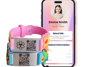 Smart QR code kids emergency bracelet, personalized scannable medical alert bracelet for lost children, allergy, diabetic, autism ID band