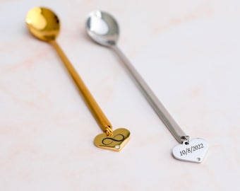 Set custom engraved spoons for tea, desserts, coffee & peanut butter personalized stamped metal heart name spoon silverware for table decor