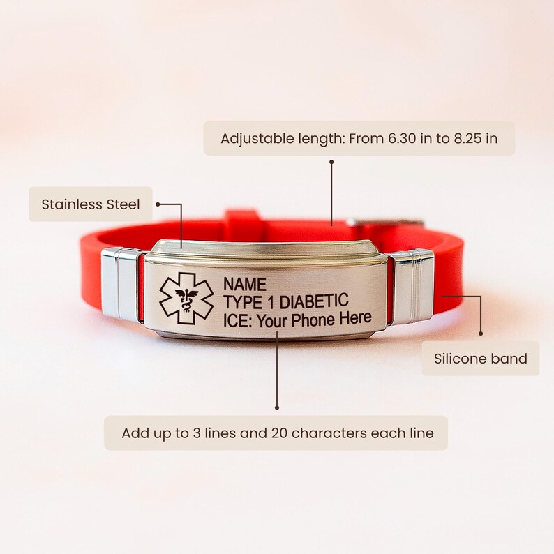 Emergency Bracelet, Personalized Sport Bracelet, Allergy Bracelet, Medical Alert Bracelet Women, Autism Bracelet, Kids Medical ID Bracelet image 2
