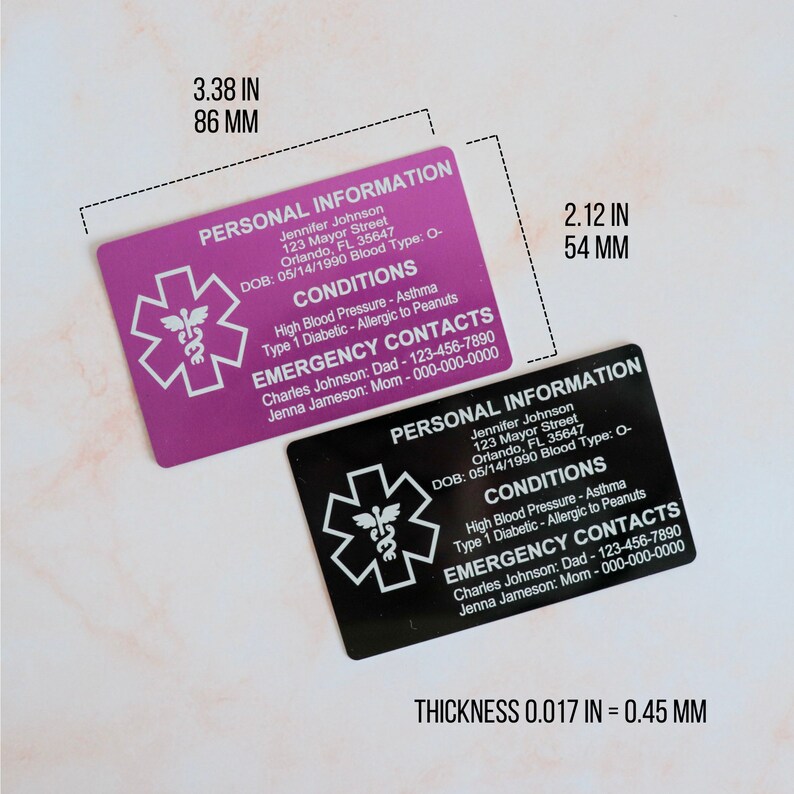 Medical ID Card for Wallet Aluminum Custom Engraved Emergency Etsy