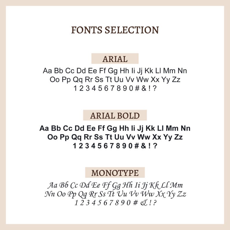 Puede incluir: Una gu&iacute;a visual de diferentes estilos de fuente, incluyendo Arial, Arial Bold y Monotype. La imagen muestra el alfabeto en may&uacute;sculas y min&uacute;sculas, junto con n&uacute;meros y s&iacute;mbolos.