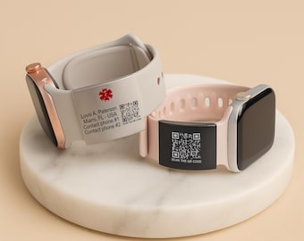 Medical Alert QR Code ID Tag For Watch Band, Engraved Apple Watch Safety Plate, Fitness Runners Sport Scannable Smartwatch Wrist Tag Band