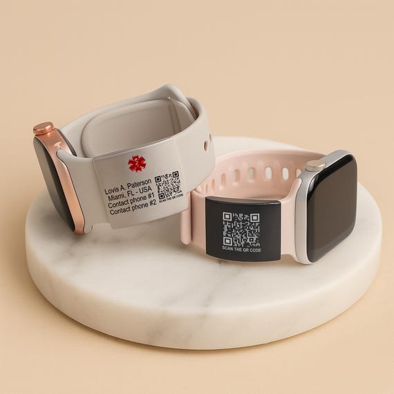 Medical alert ID Tag for watch band, engraved apple watch safety plate, fitness runners ID tag sport smartwatch, medic tag for wrist band