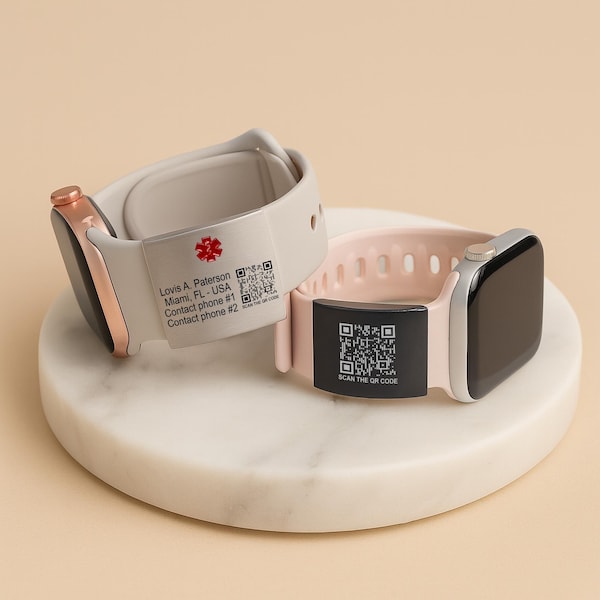 Medical Alert QR Code ID Tag For Watch Band, Engraved Apple Watch Safety Plate, Fitness Runners Sport Scannable Smartwatch Wrist Tag Band