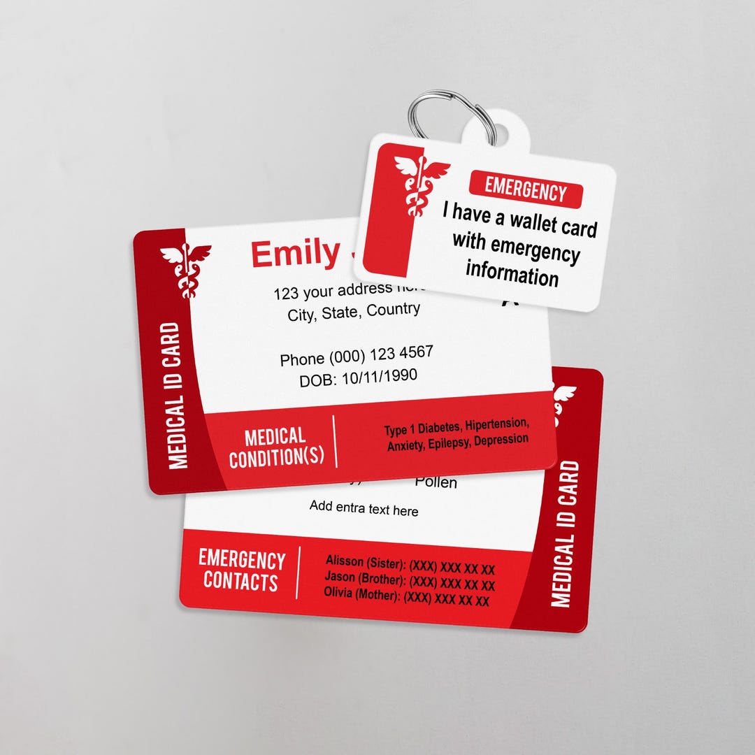 Medical Card ID for Wallet, Custom Printed Emergency Contact Card ...