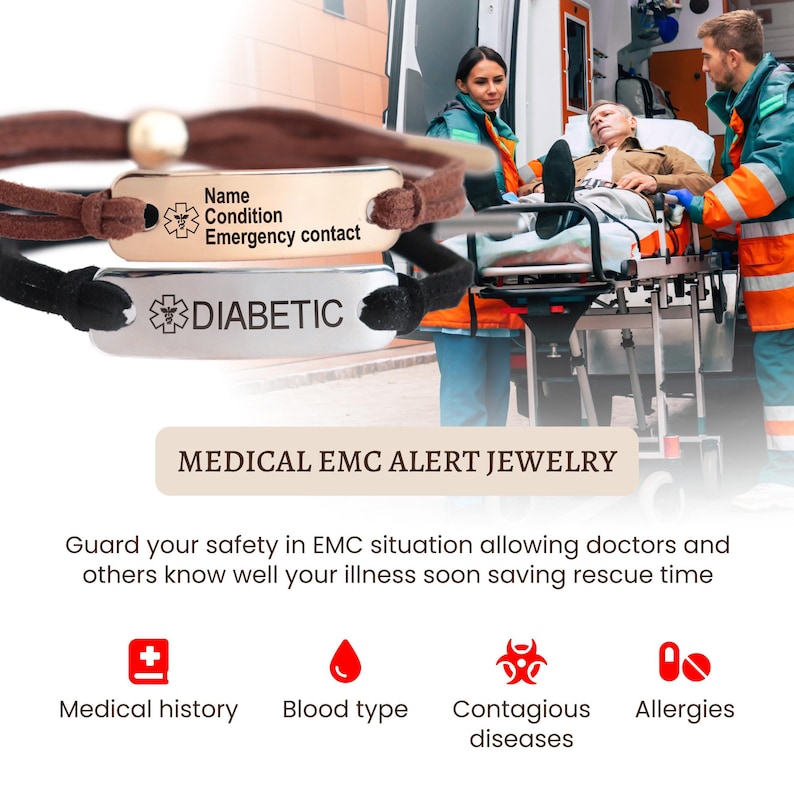 Puede incluir: Dos pulseras de alerta m&eacute;dica con bandas marrones y negras. La pulsera superior tiene una etiqueta dorada que dice "Nombre Condici&oacute;n Contacto de emergencia". La pulsera inferior tiene una etiqueta plateada que dice "DIAB&Eacute;TICO". El texto "JOYAS DE ALERTA M&Eacute;DICA EMC" se muestra debajo de las pulseras. La imagen tambi&eacute;n muestra a una persona siendo transportada en una camilla por dos param&eacute;dicos.