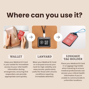 May include: Three different ways to carry a medical ID card: in a wallet, on a lanyard, and on a luggage tag holder. The card has a red background with a white medical symbol and a QR code.