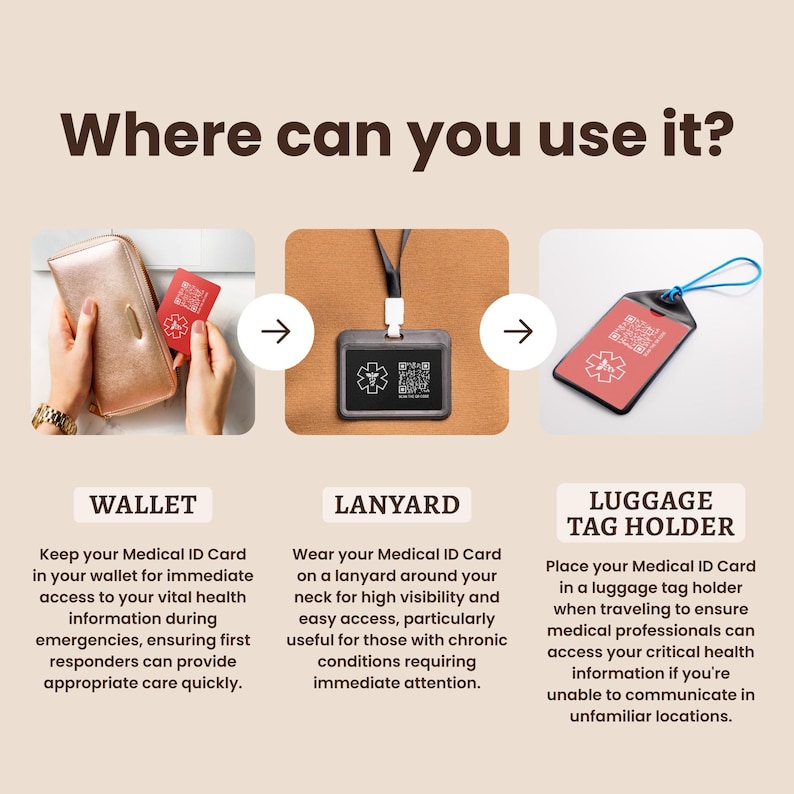 May include: Three different ways to carry a medical ID card: in a wallet, on a lanyard, and on a luggage tag holder. The card has a red background with a white medical symbol and a QR code.