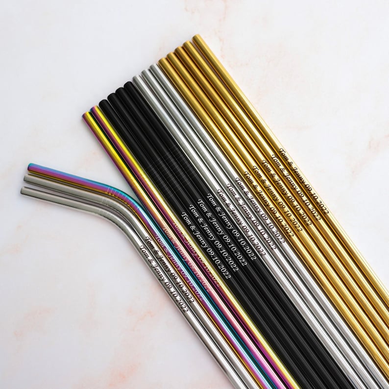 Personalized Reusable Metal Straw Set, Custom Party Favors, Wedding Guest Gift, Engraved Stainless Steel Drinking Straws, Eco Friendly Straw image 1