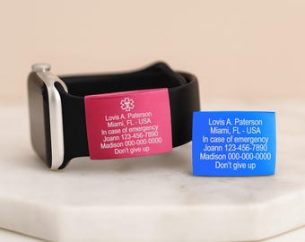 Custom Alert ID Tag For Watch Band, Engraved Apple Watch Safety Plate, Fitness Runners Tag For Sport Smartwatch, Medical Tag For Wrist Band