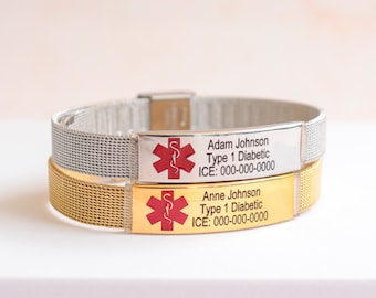 Elegant medical alert bracelet women, Emergency ID bracelet, personalized mesh allergy bracelet, gold medical alert bracelet, alert elderly
