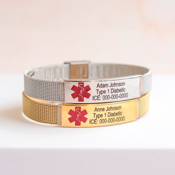 Elegant medical alert bracelet women, Emergency ID bracelet, personalized mesh allergy bracelet, gold medical alert bracelet, alert elderly