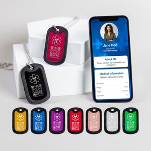 Collar con código QR inteligente de identificación médica para hombres y mujeres, joyería de alerta de seguridad escaneable personalizada, etiqueta militar grabada personalizada