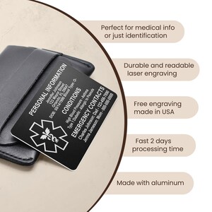 May include: Black metal medical information card with a white star of life symbol and engraved text. The card includes personal information, medical conditions, and emergency contacts. The card is in a black leather wallet.