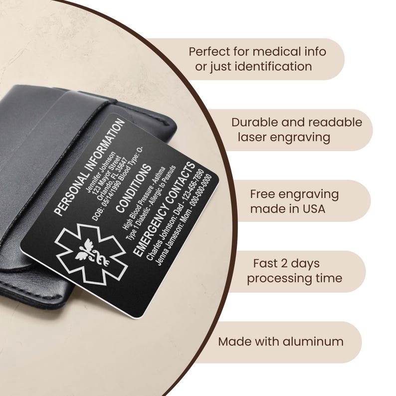 May include: Black metal medical information card with a white star of life symbol and engraved text. The card includes personal information, medical conditions, and emergency contacts. The card is in a black leather wallet.
