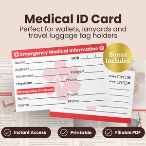 Medizinischer Alarm Ausweiskarte, ausfüllbare PDF ICE Karte, medizinische Bedingungen, Notfallkontakte, Medikamente Liste, printable sofort Download