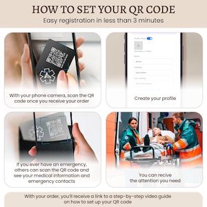 May include: A step-by-step guide on how to set up a QR code for easy registration in less than 3 minutes. The image shows a phone scanning a QR code, a profile creation screen, and a person receiving medical attention.  The text "HOW TO SET YOUR QR CODE" is at the top of the image.