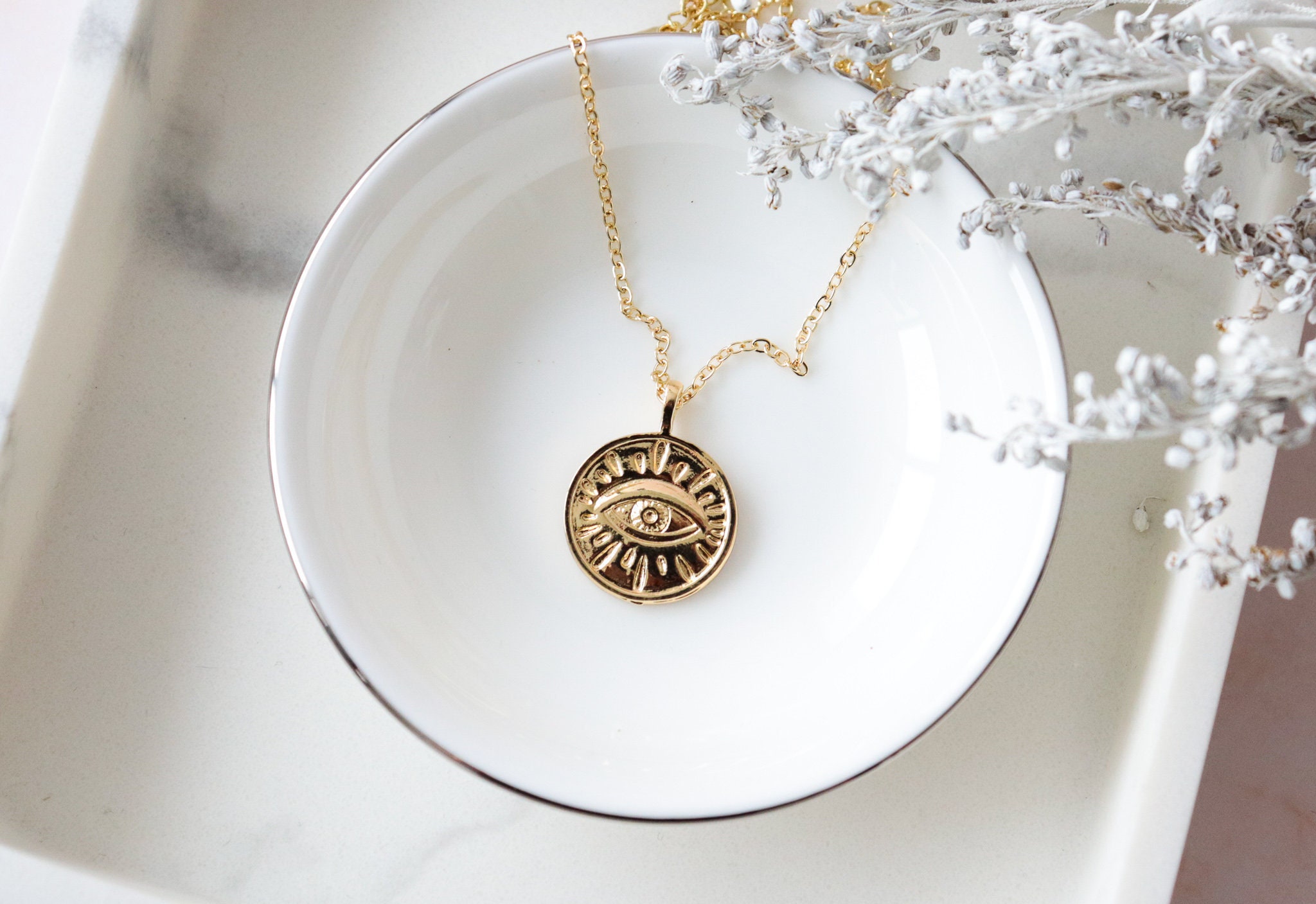 Gold medallion evil eye necklace dainty greek necklace Etsy
