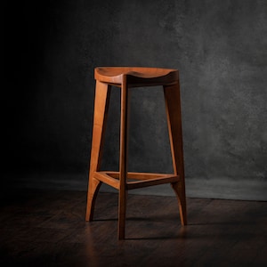 Cherry wood bar stool - Three-legged stool - Carved seat - Counter stool - Bar stool - 24" to 34" height - Bar counter table - Free shipping