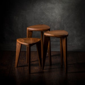 Walnut wood small three legged stool Flat seat Handmade Natural finish 12 height Side table Step stool Milking stool image 5