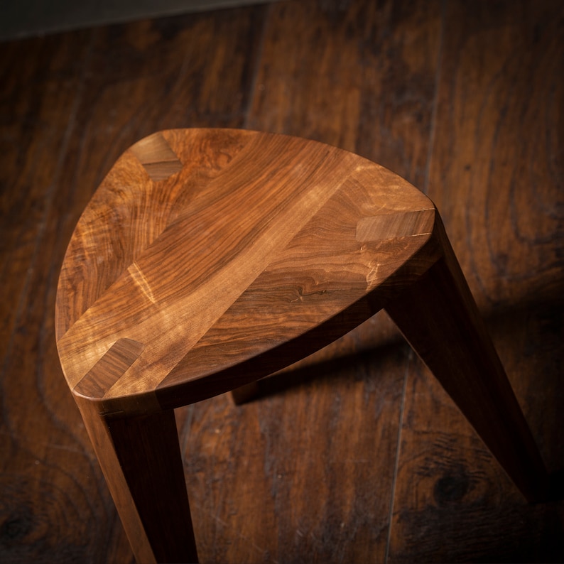 Walnut wood small three legged stool Flat seat Handmade Natural finish 12 height Side table Step stool Milking stool image 3