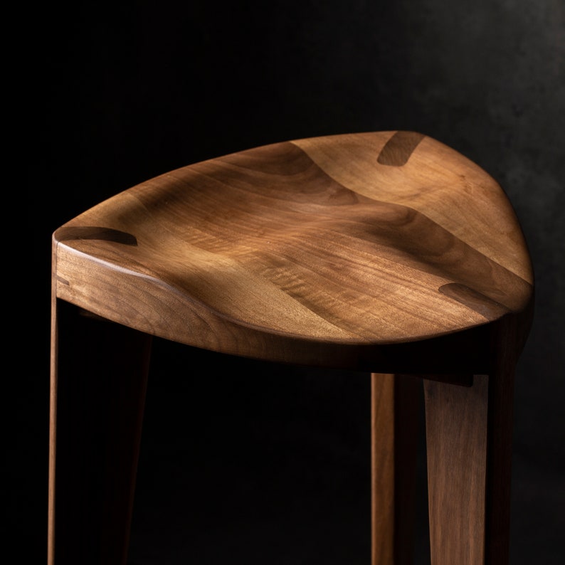 Walnut wood bar stool Three legged stool Carved seat Counter stool Bar stool 24 to 34 height Bar counter table Free shipping image 5