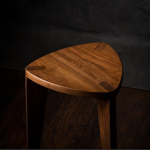 Walnut wood small three legged stool Flat seat Handmade Natural finish 12 height Side table Step stool Milking stool image 4