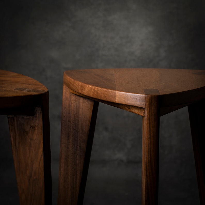 Walnut wood small three legged stool Flat seat Handmade Natural finish 12 height Side table Step stool Milking stool image 8