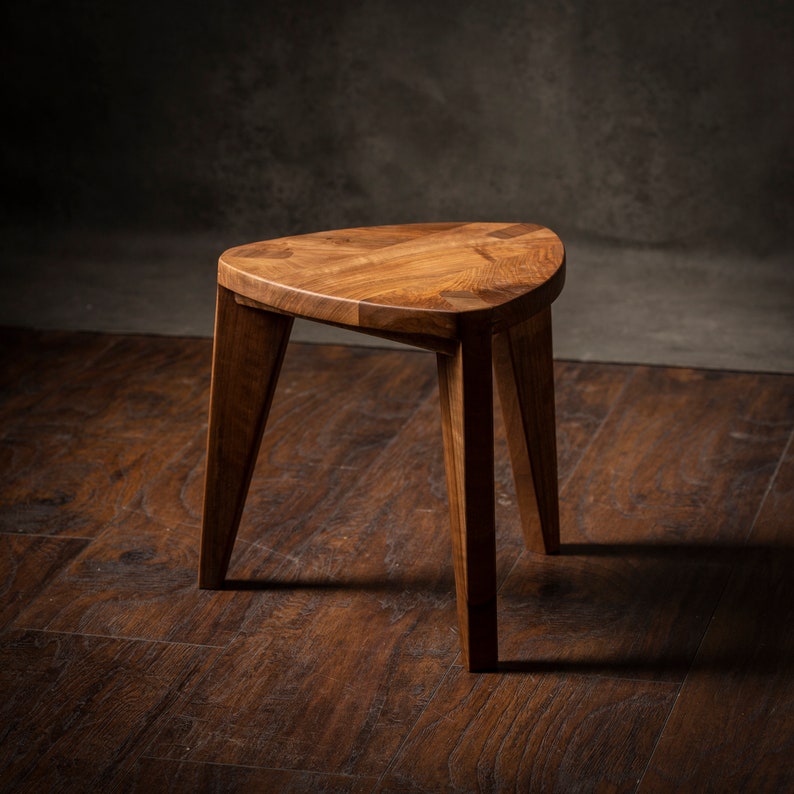 Walnut wood small three legged stool Flat seat Handmade Natural finish 12 height Side table Step stool Milking stool image 1