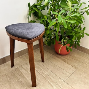 Yoru - Handmade Walnut Stool with Upholstered Seat – 18&quot; Tall Triangle Vanity Stool – Minimalist Wooden Furniture - Free shipping