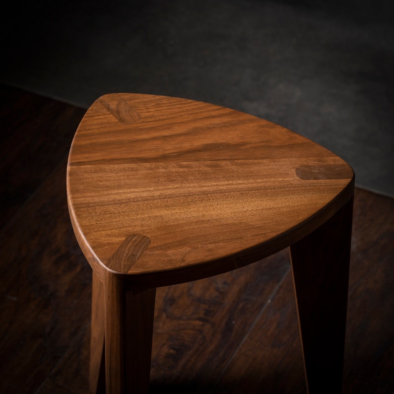 Walnut wood small three legged stool Flat seat Handmade Natural finish 12 height Side table Step stool Milking stool image 7