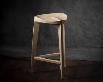 Ash wood bar stool - Three-legged stool - Carved seat - Counter stool - Bar stool - 24" to 34" height - Bar counter table - Free shiping