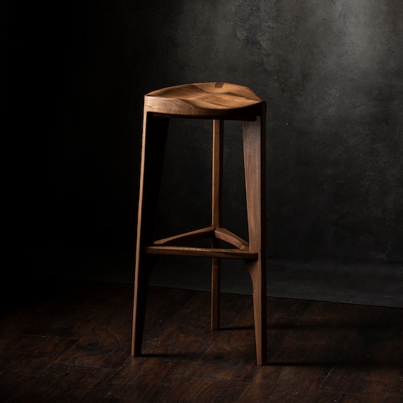 Walnut Wood Bar Stool Three Legged Stool Carved Seat Counter Stool