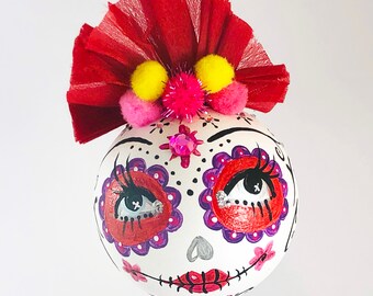 Hand-painted sugar skull ornament red and black signed by artist