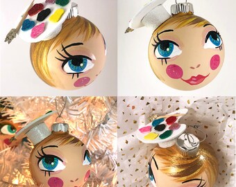 Hand painted Ornament girl named Tamara with artist palette hat