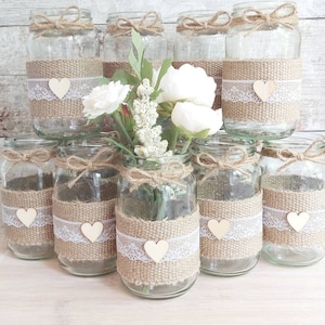 12 wedding jars, decorated jars, Hessian, burlap,white lace, rustic centrepiece,twine, vase, tealight country wedding table decor BRAND NEW